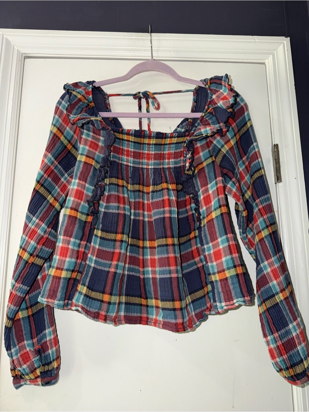 We The Free Navy Multi Plaid Smocked Long-Sleeve Peasant Top